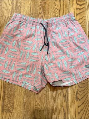 AFTCO Pink & Light Blue Fish Pattern Swim Trunks